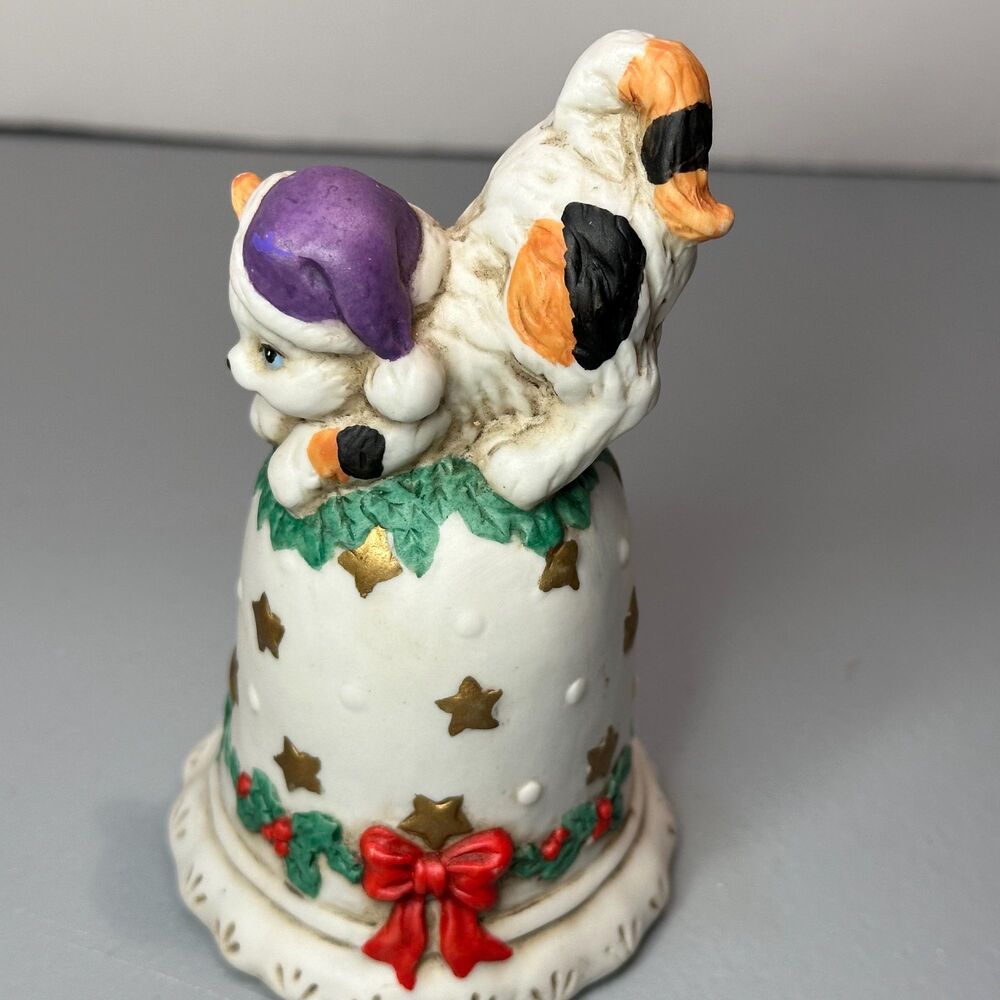 Vintage 4” Hand-painted Bisque Porcelain Christmas Calico Cat Bell